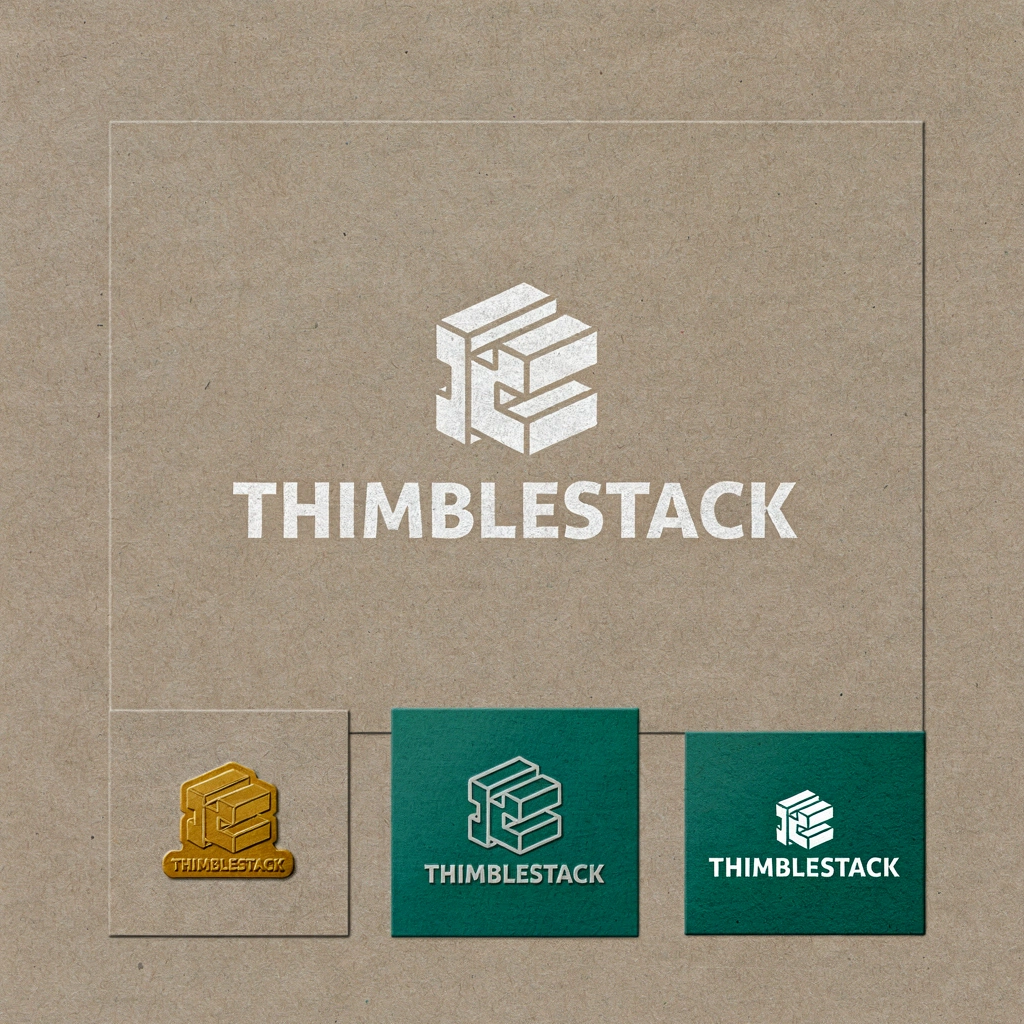 AI-generated THIMBLESTACK logo applied to packaging, hardware, and signage, created with Ideogram 4 on RenderFlow AI