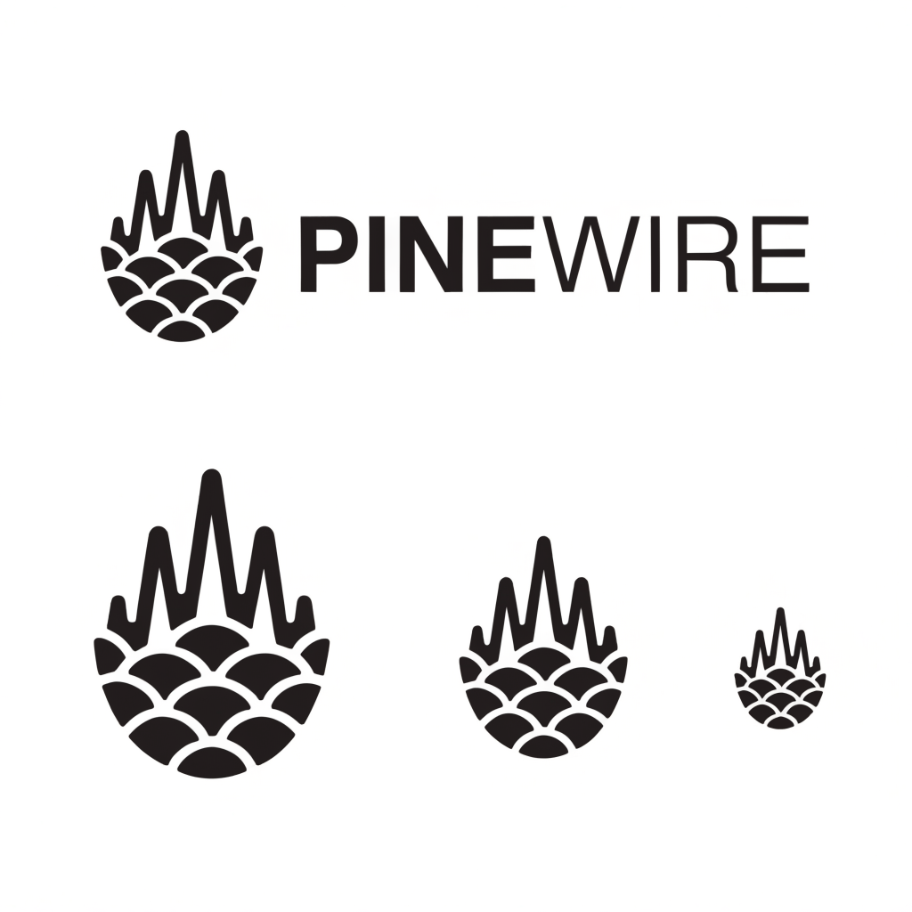 AI-generated black-and-white PINEWIRE logo scalability sheet, created with Recraft V4.1 on RenderFlow AI