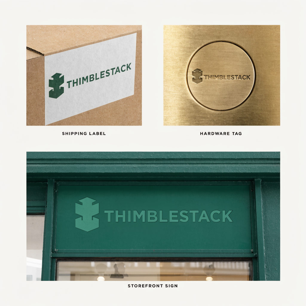 AI-generated THIMBLESTACK logo applied to packaging, hardware, and signage, created with Recraft V4.1 on RenderFlow AI